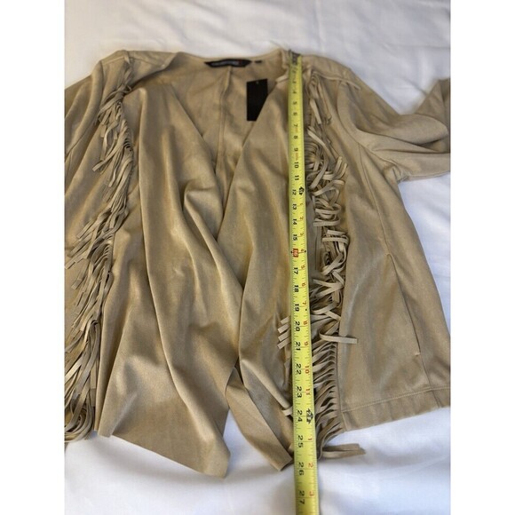 COLLEEN LOPEZ Faux Suede Fringe Open Jacket 1X Drape 3/4 Sleeve Tan Western - Picture 10 of 10